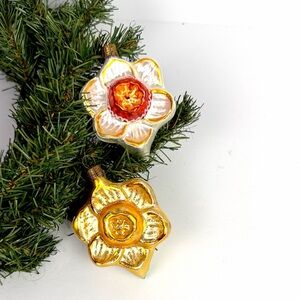 Set of Two Shimmering Flower Christmas Ornaments Blown Glass Gold White Germany
